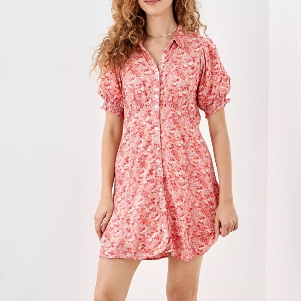 American Eagle Floral Peach Puff Sleeve Shirt Dress​​